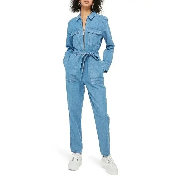 Topshop Zip-Up Belted Utility Denim Boiler Suit Blue Size 8 - Picture 4 of 13